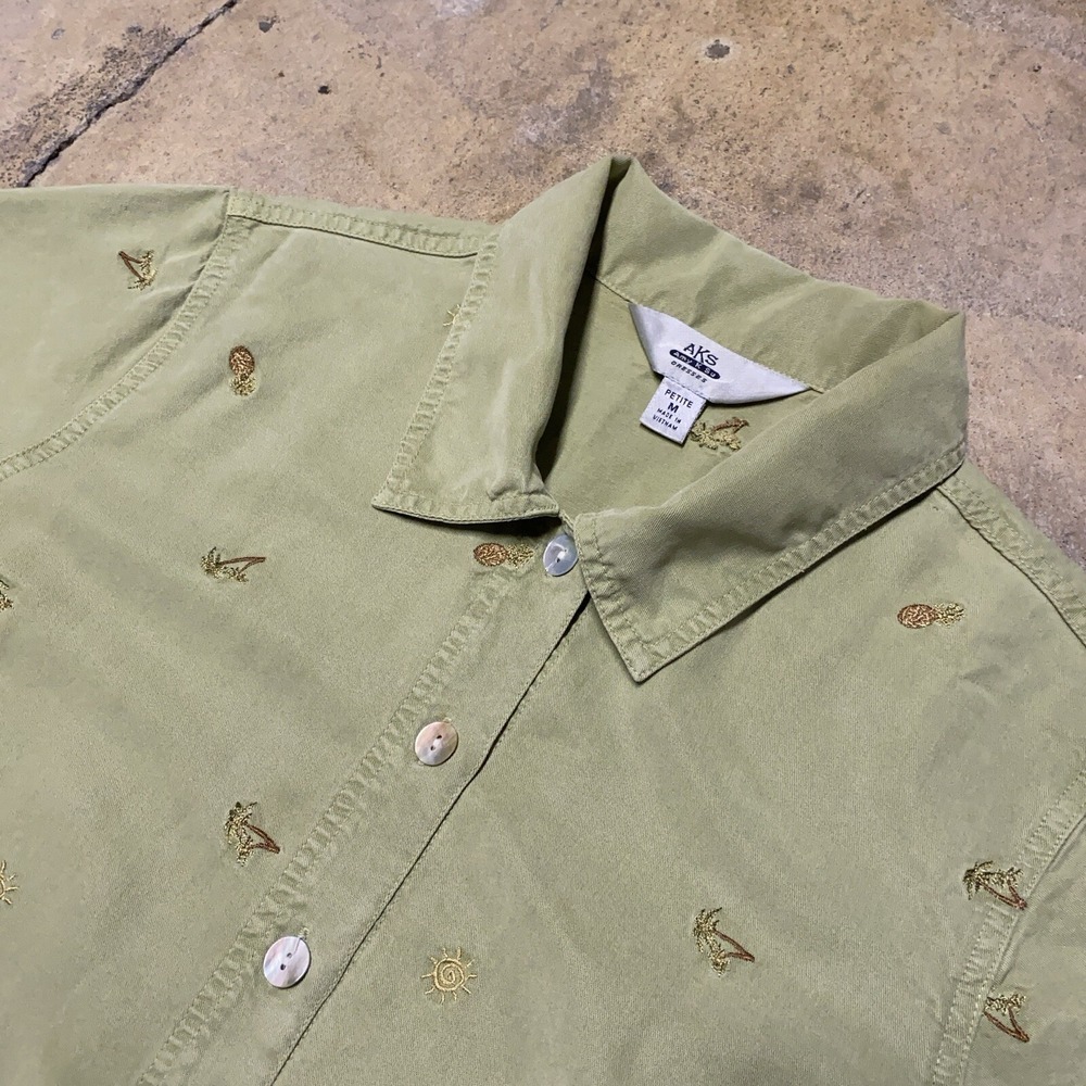 AKS Petite Button Down Shirt Womens PM Sage Green Embroidered Tropical Summer